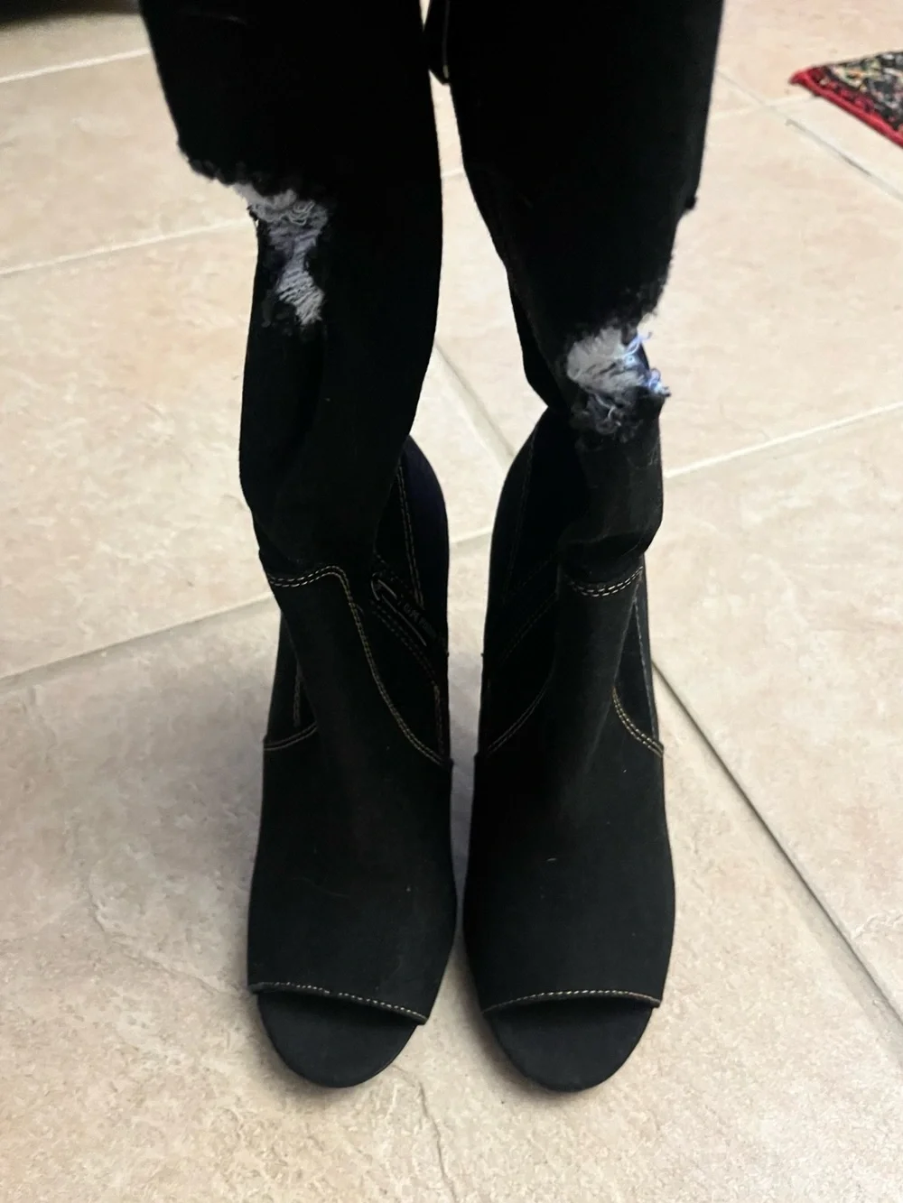 Black Stiletto High Heel Thigh High Peep Toe Stretch Black Denim Ripped Boots 8